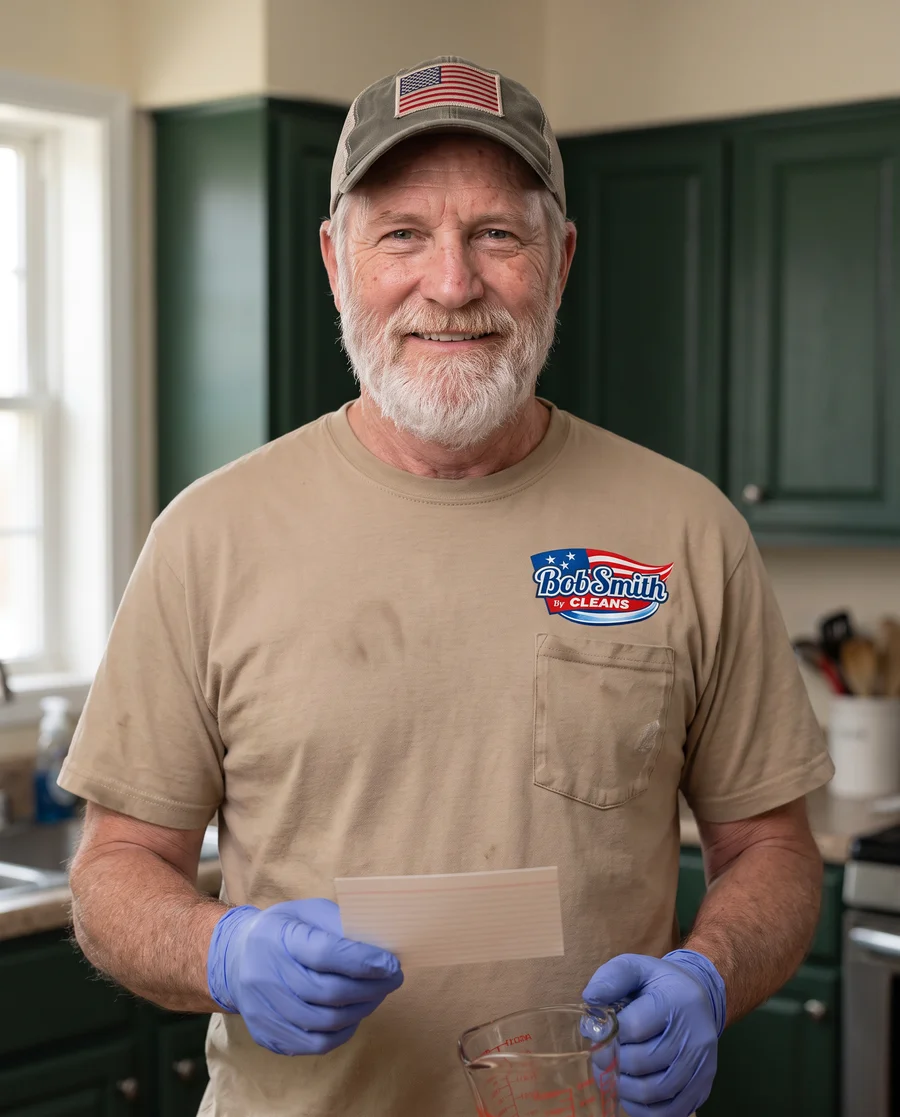 Bob Smith in a kitchen holding an index card and a measuring jug